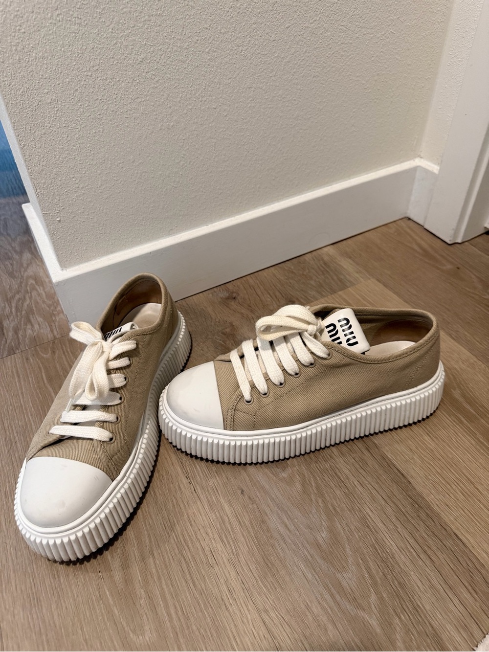 Miu Miu Beige Canvas Platform-Trim Sneakers